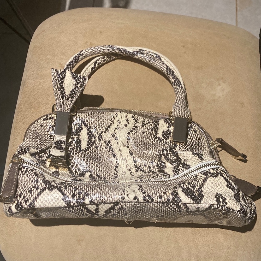 Gianfranco Ferre Snake Print Shoulder Bag w stud metal feet & gold hardware